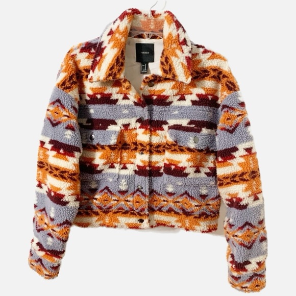 Forever 21 Aztec Patterned Cropped Button Front Teddy Bear Fleece Jacket Collar - Picture 1 of 13